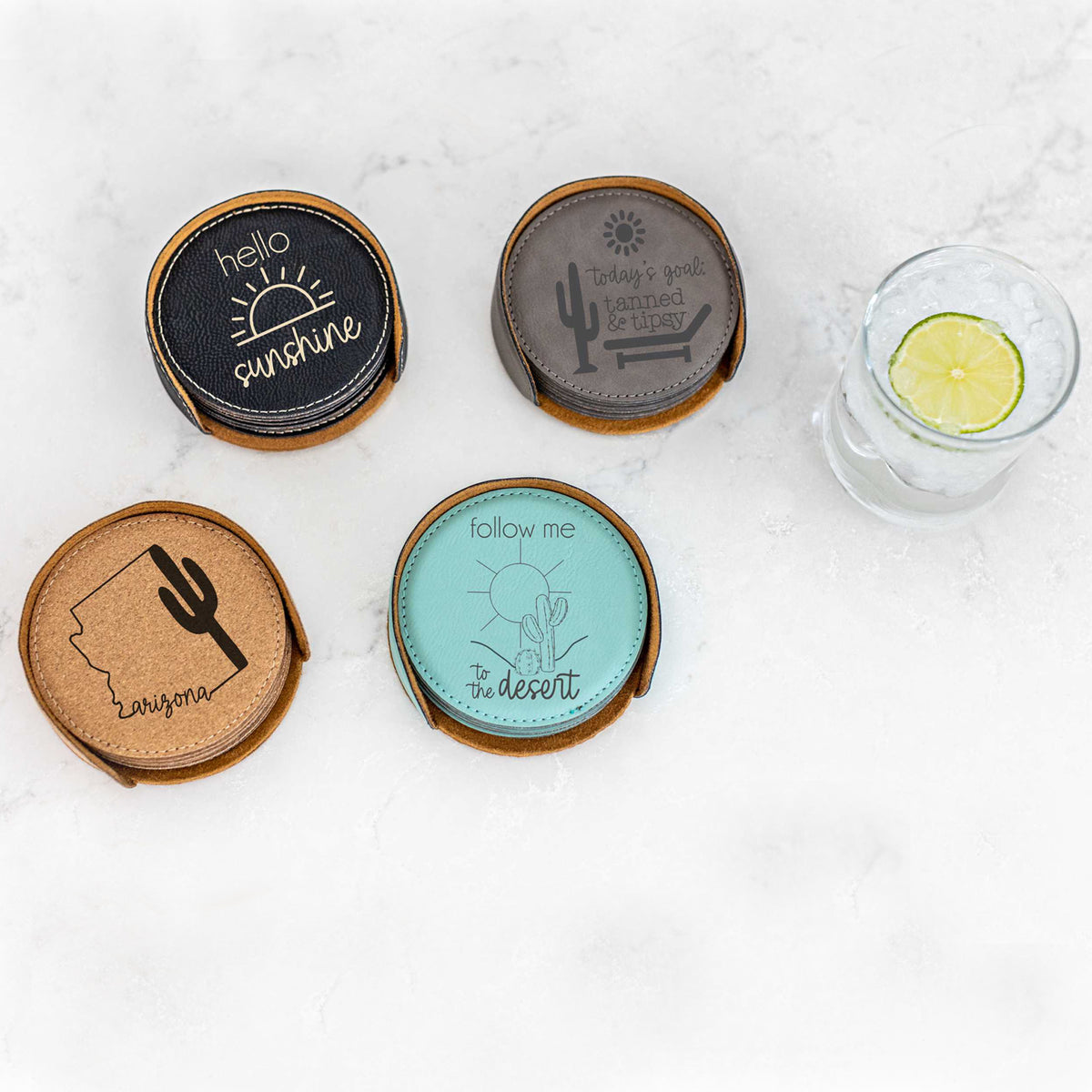 Arizona Desert Theme Coasters (6) & Holder - Vegan Leather