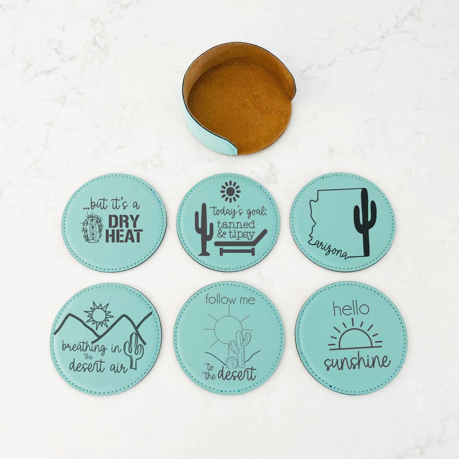 Arizona Desert Theme Coasters (6) & Holder - Vegan Leather