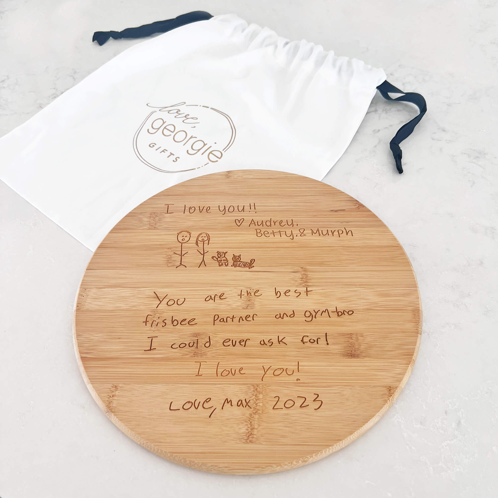 Round Bamboo Charcuterie Board Engraved with Handwriting - 11.75 inch
