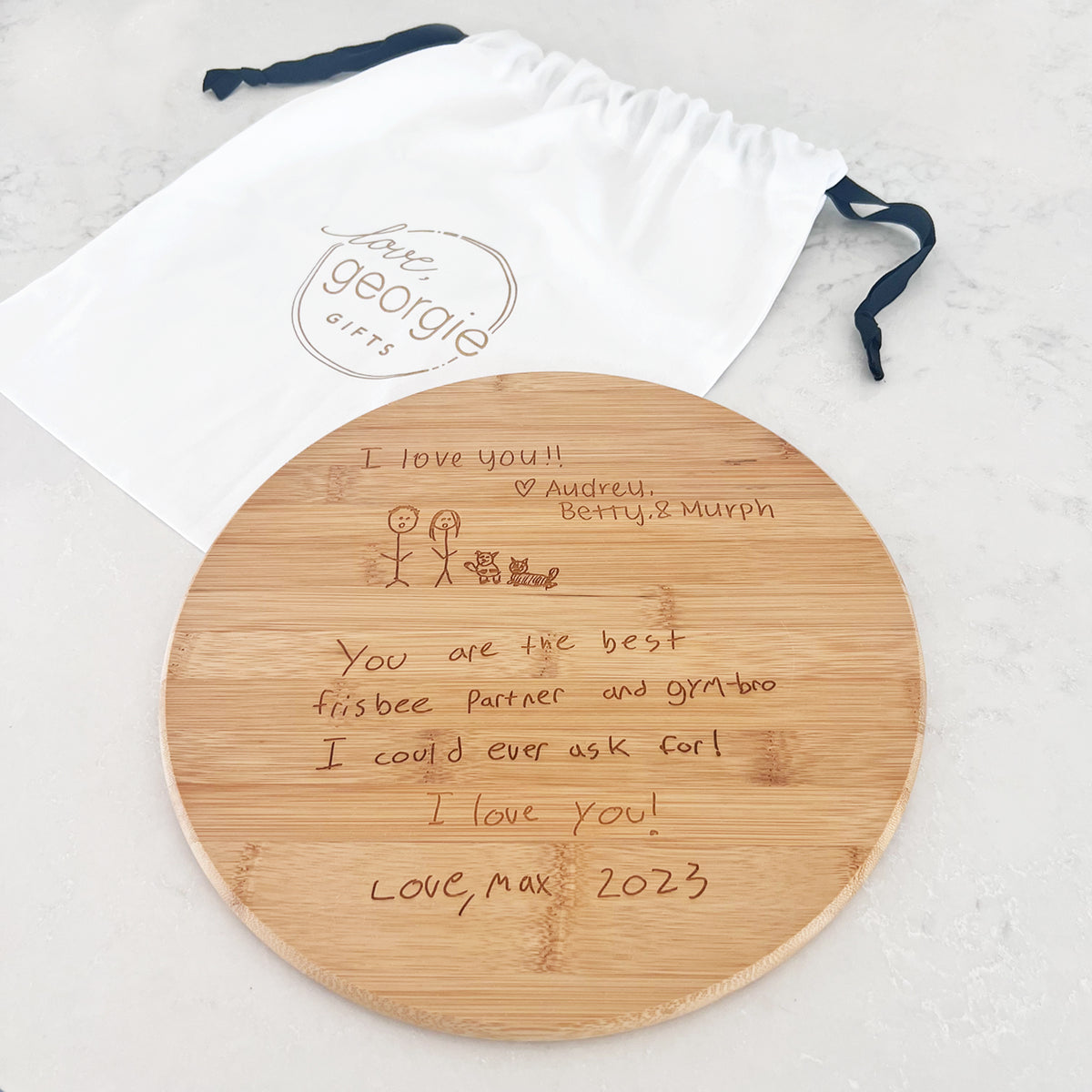 Grandma Gift - Round Charcuterie Board Engraved with Grandchild's Artwork