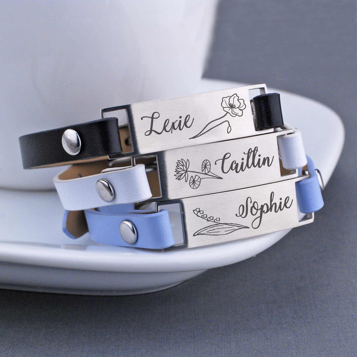 Thin Leather Bracelet with Birth Flower and Name