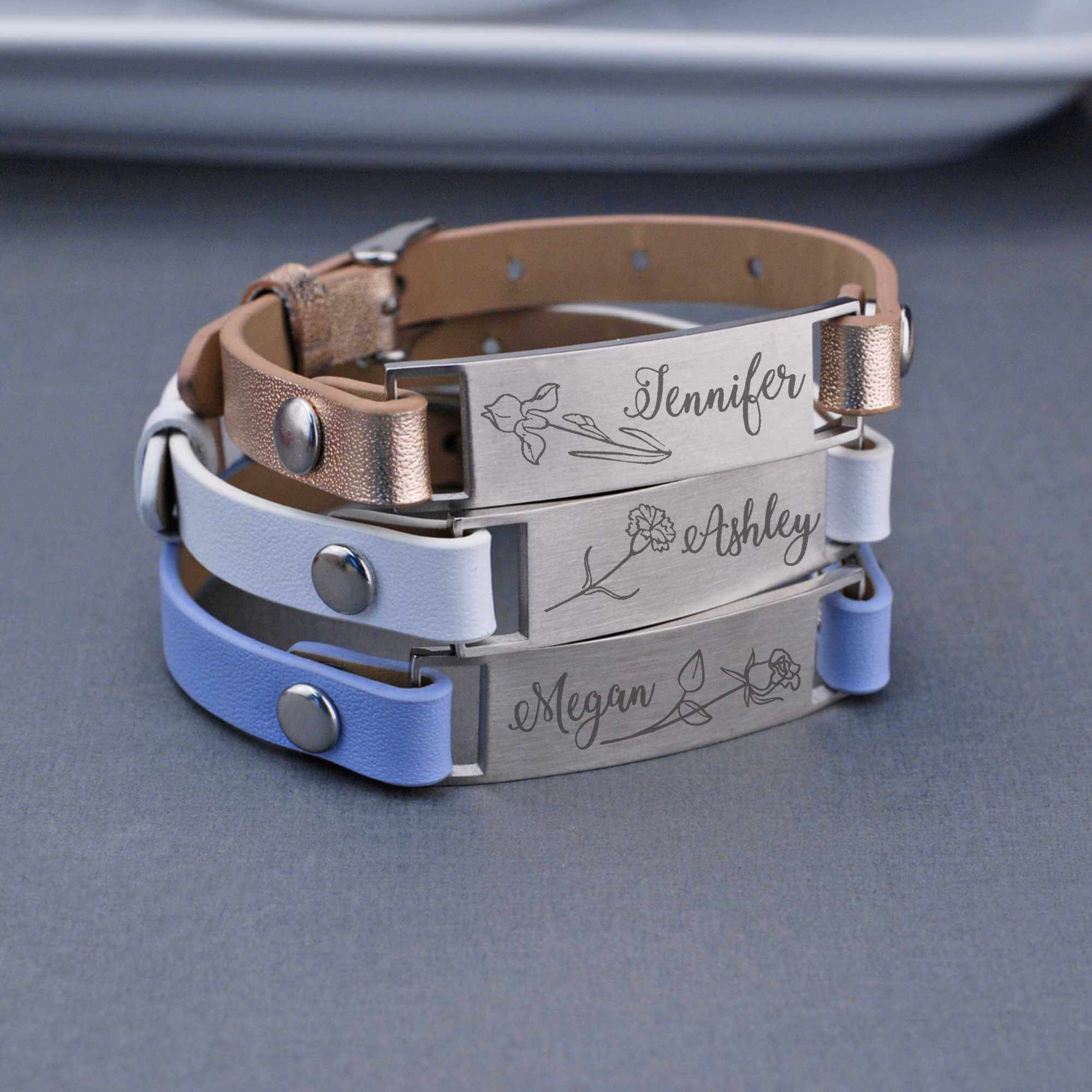 Thin Leather Bracelet with Birth Flower and Name