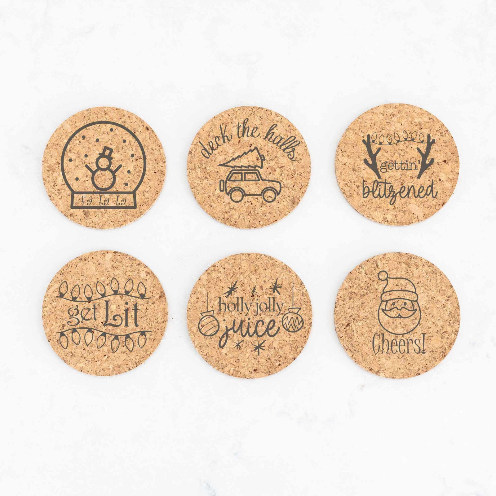 6 Christmas Coasters - Choose Leather, Cork, or Slate