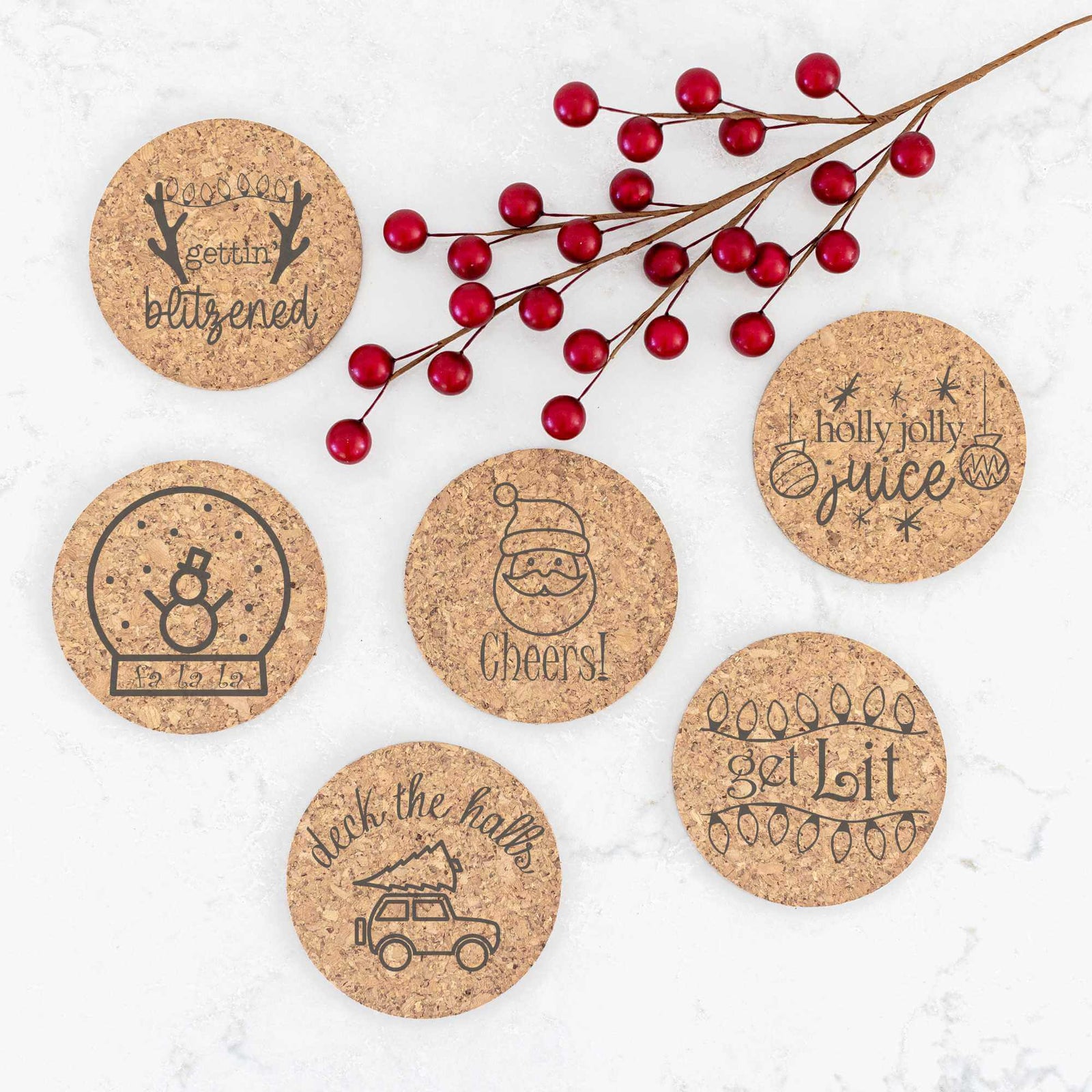 6 Christmas Coasters - Choose Leather, Cork, or Slate