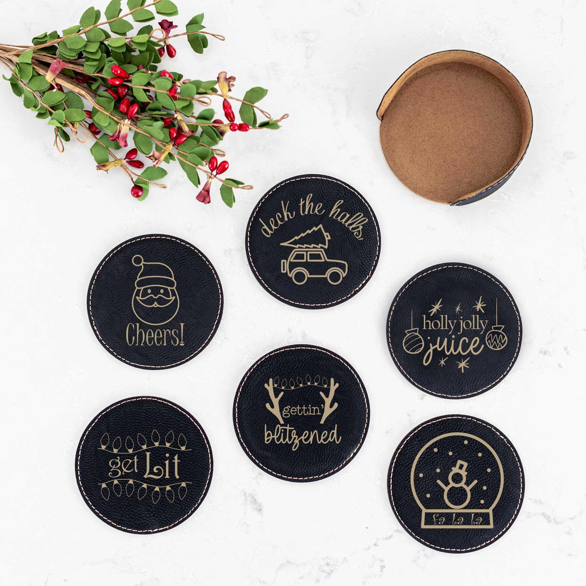 6 Christmas Coasters - Choose Leather, Cork, or Slate