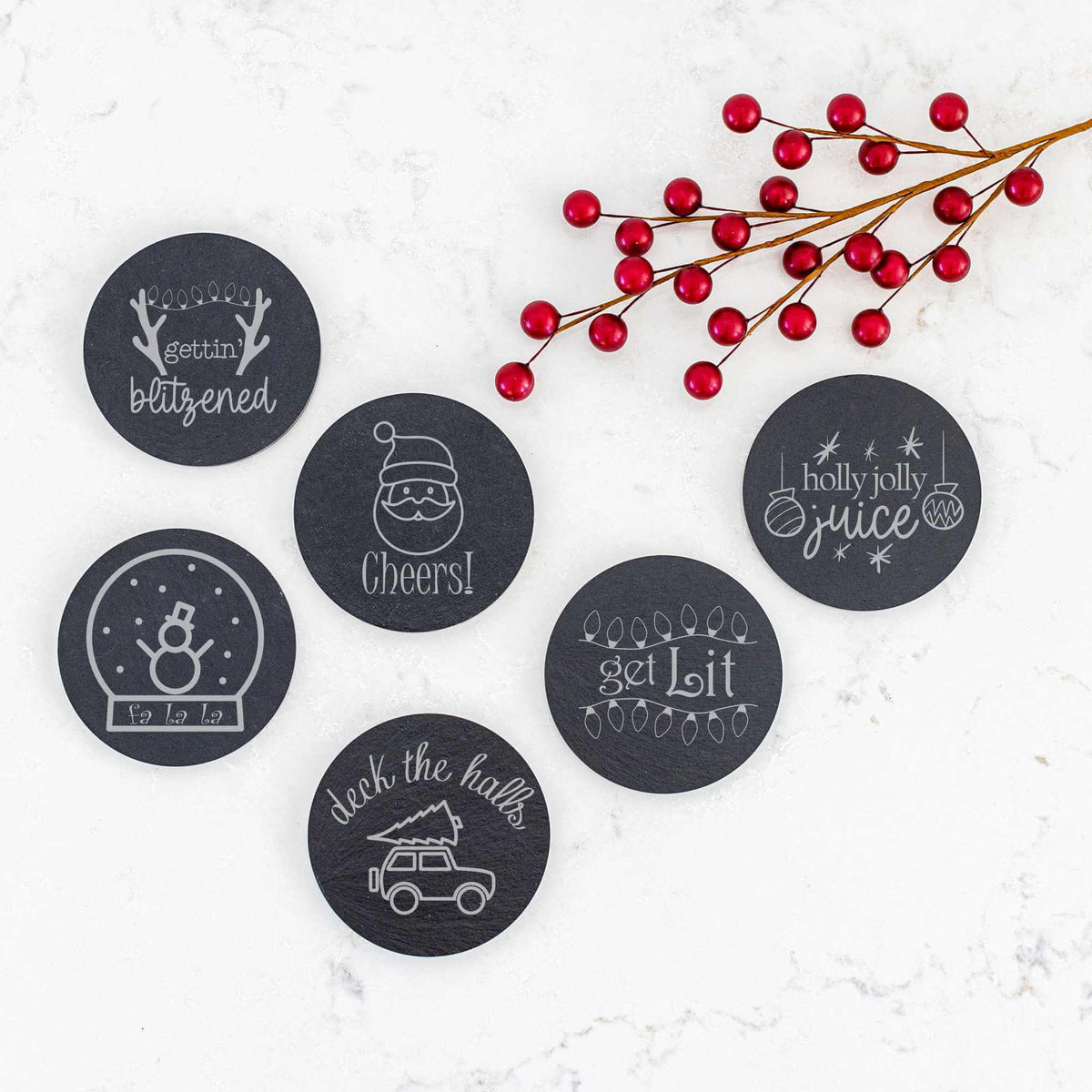 6 Christmas Coasters - Choose Leather, Cork, or Slate