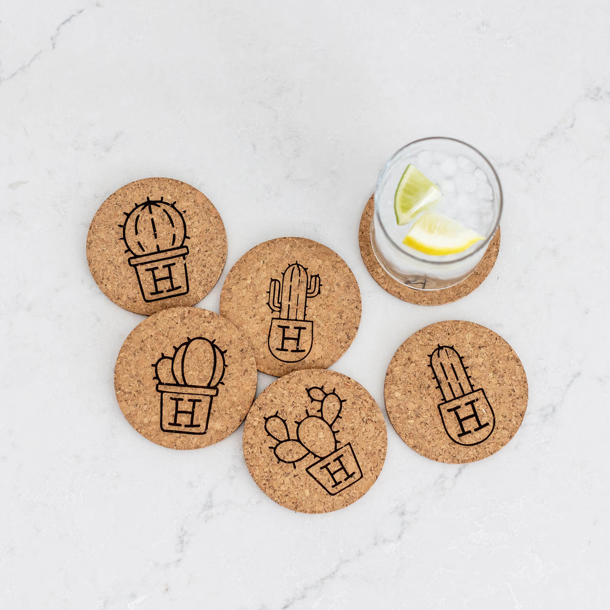 Cork Coasters with Succulent Illustration &amp; Initial - Set of 6