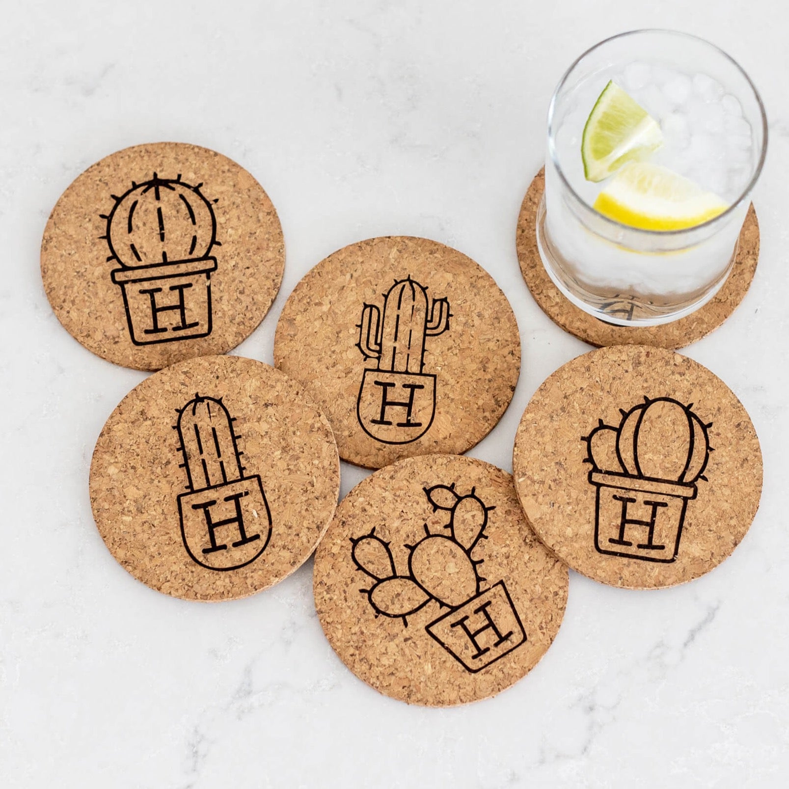 Cork Coasters with Succulent Illustration & Initial - Set of 6