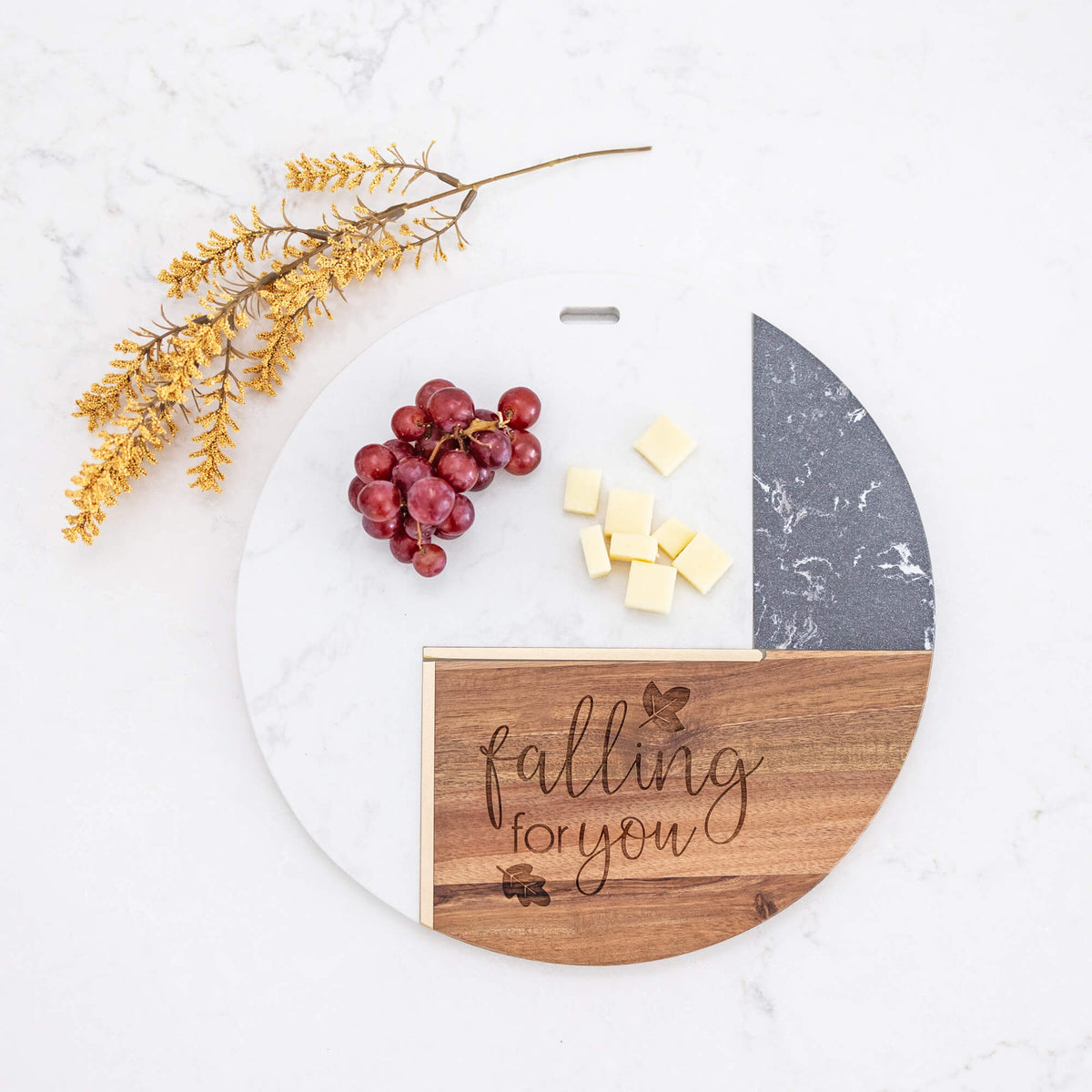 Falling For You - Round Marble &amp; Acacia Charcuterie Board