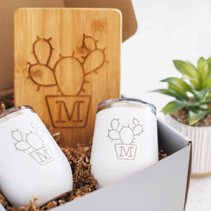 Cactus Tumblers and Bar Board with Initial - 3pc Gift Box