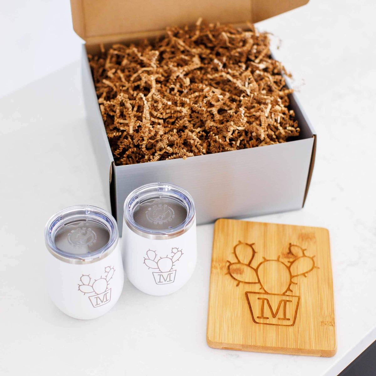 Cactus Tumblers and Bar Board with Initial - 3pc Gift Set