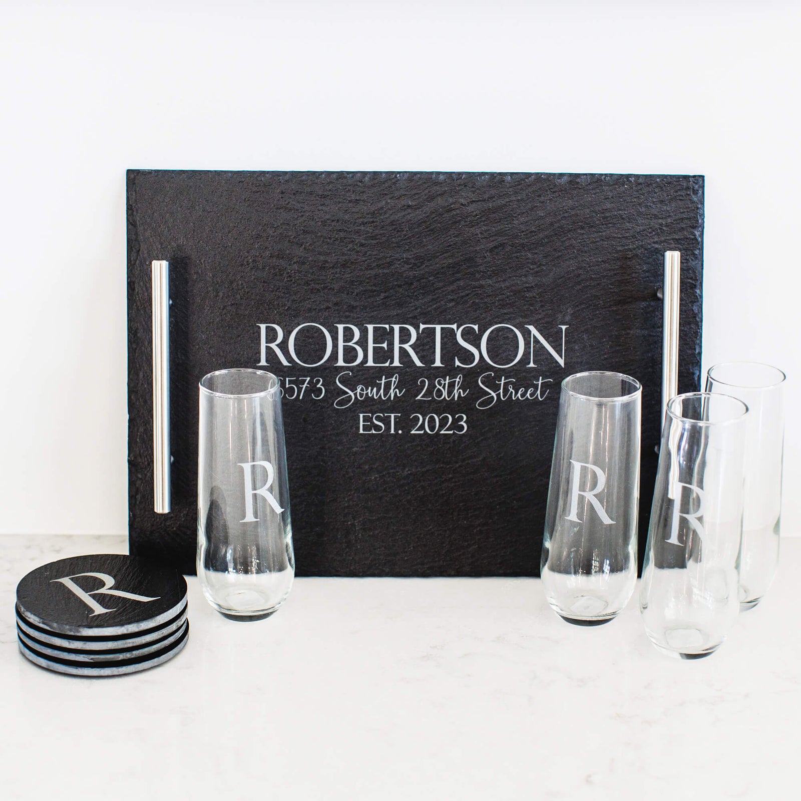 Slate Serving Set and Champagne Glasses - 9 pc Gift Set