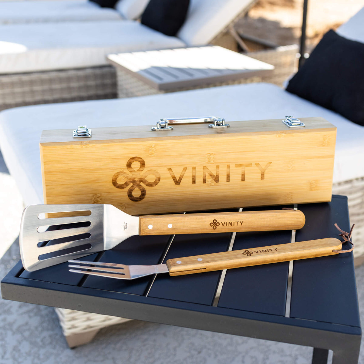 3-piece Bamboo Grilling Tool Kit with Box - Business Logo