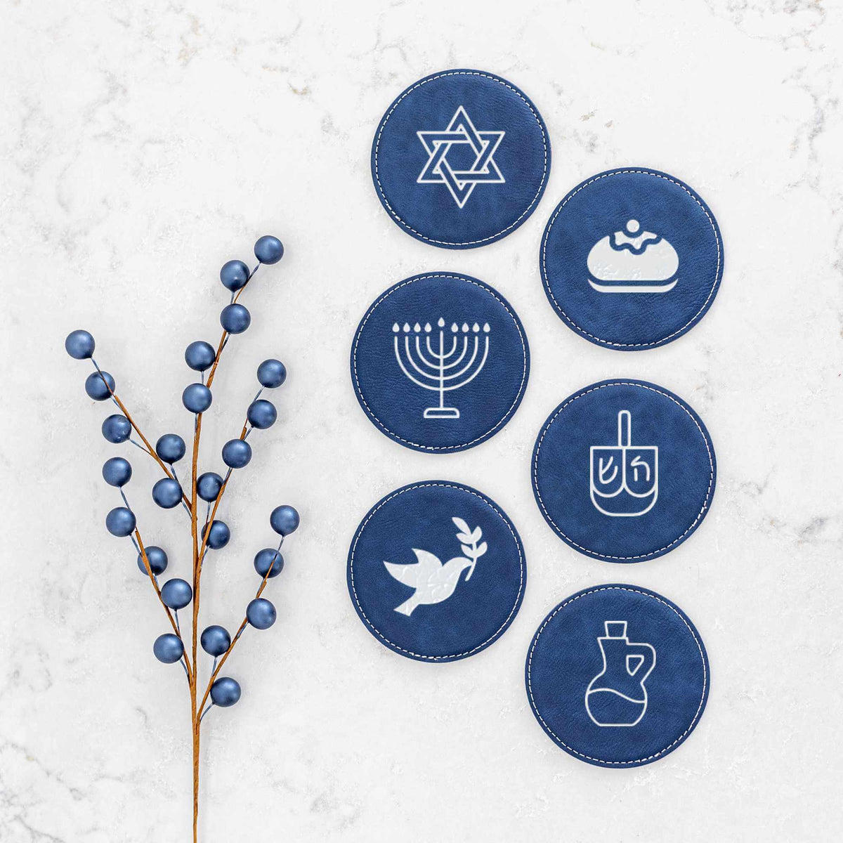 Hanukkah Symbols - Set of 6 Blue Vegan Leather Coasters &amp; Case