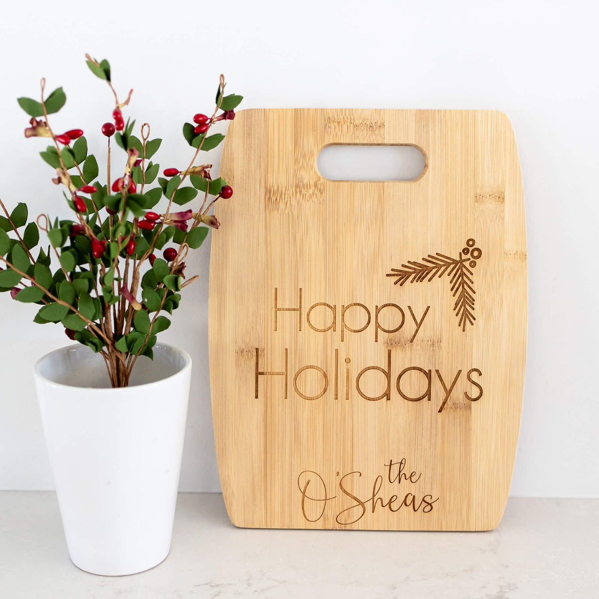 HAPPY HOLIDAYS - Custom Bamboo Charcuterie Board with Last Name