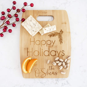 HAPPY HOLIDAYS - Custom Bamboo Charcuterie Board with Last Name