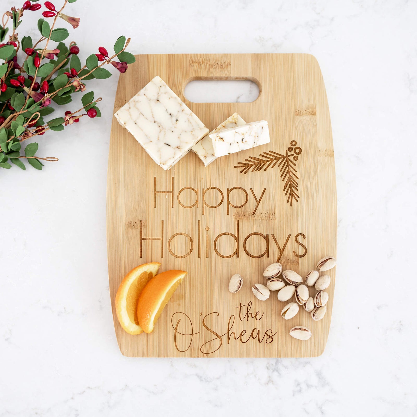 HAPPY HOLIDAYS - Custom Bamboo Charcuterie Board with Last Name