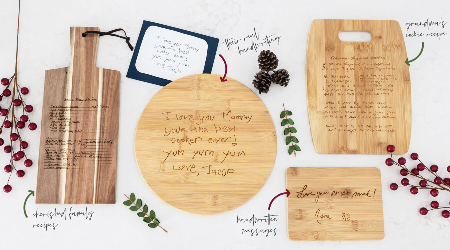 Four wooden cutting boards engraved with handwritten messages or recipes.