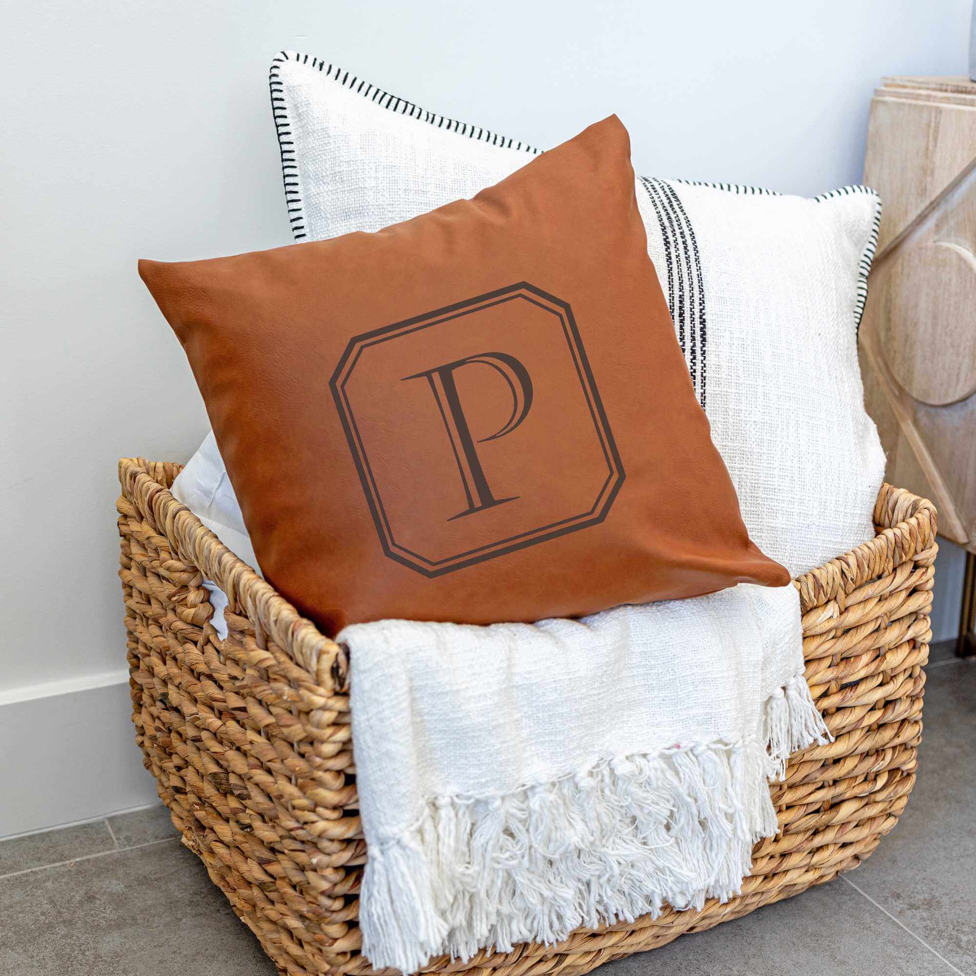 Classic Vegan Leather Pillow Cover with Initial