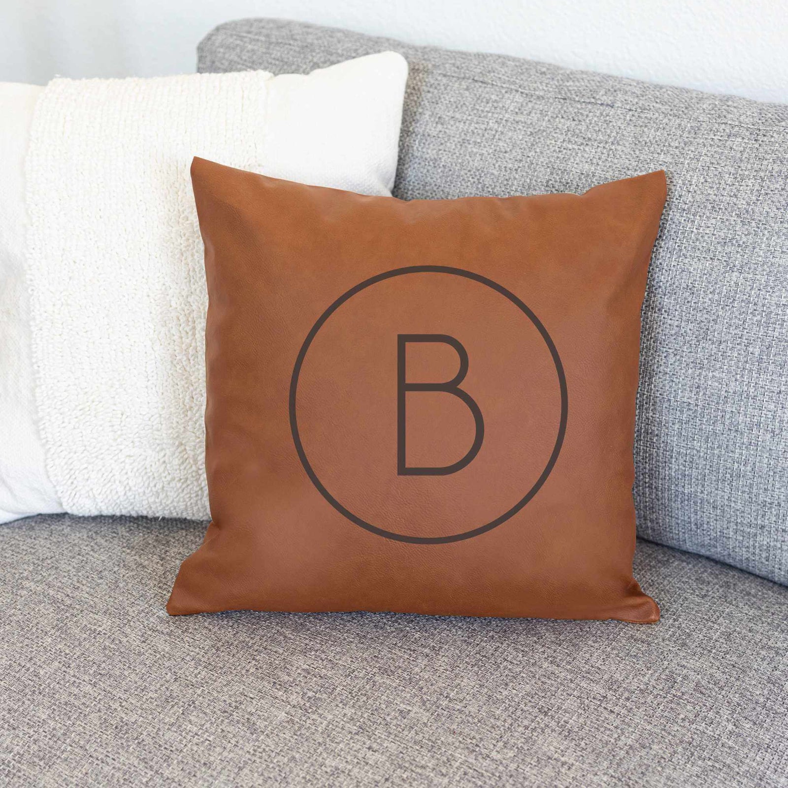 Modern Vegan Leather Pillow Cover with Initial