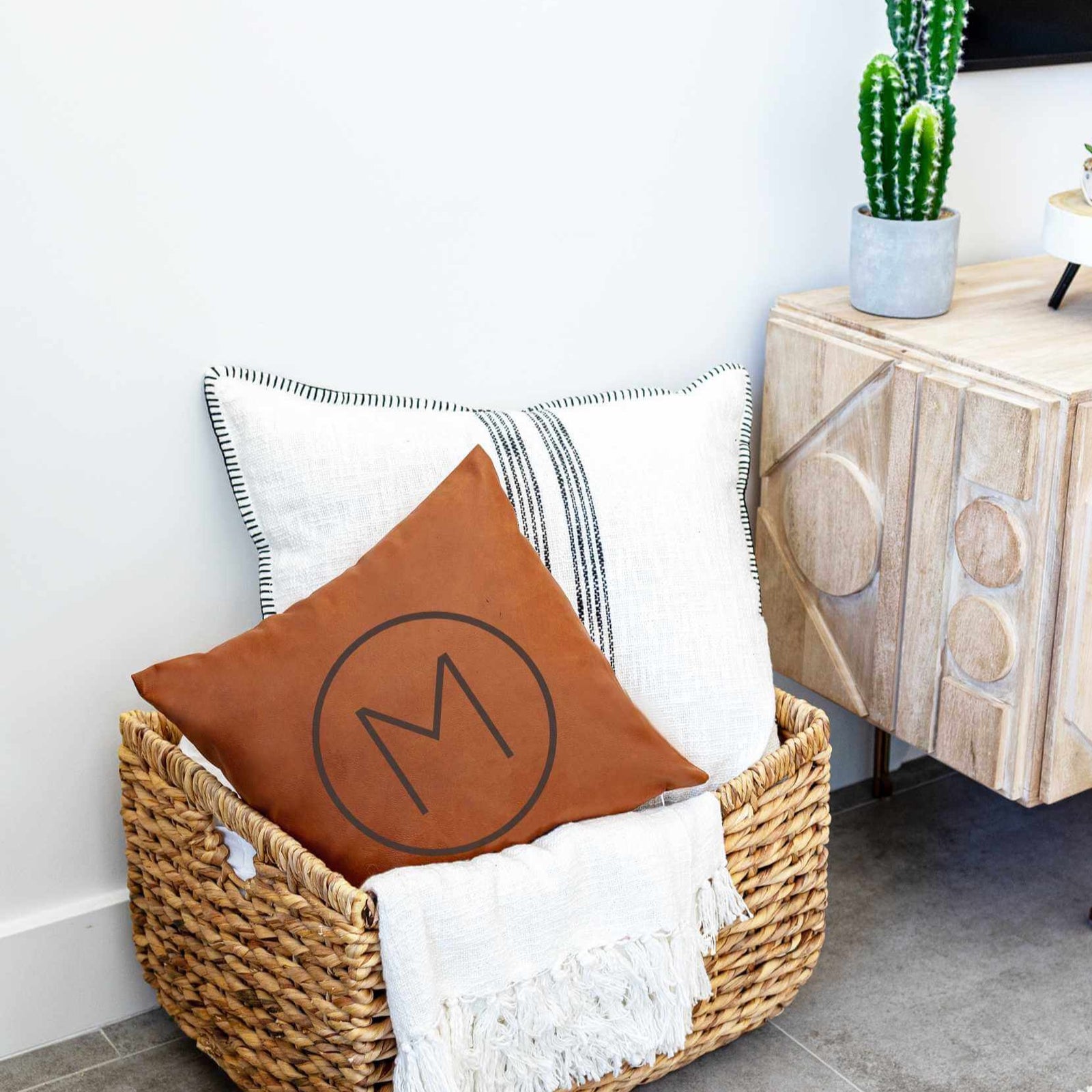 Modern Vegan Leather Pillow Cover with Initial