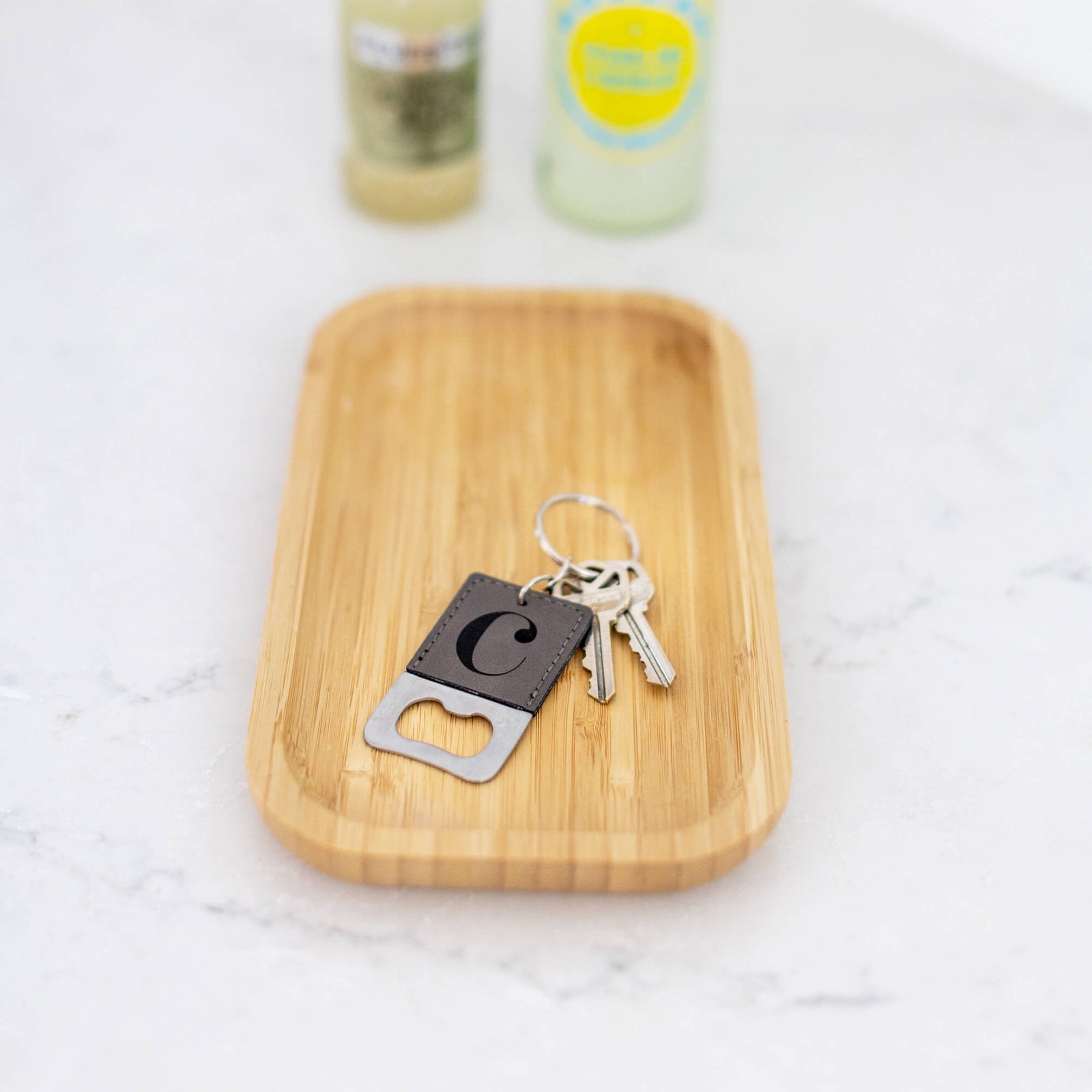 Vegan Leather Bottle Opener Keychain with Initial