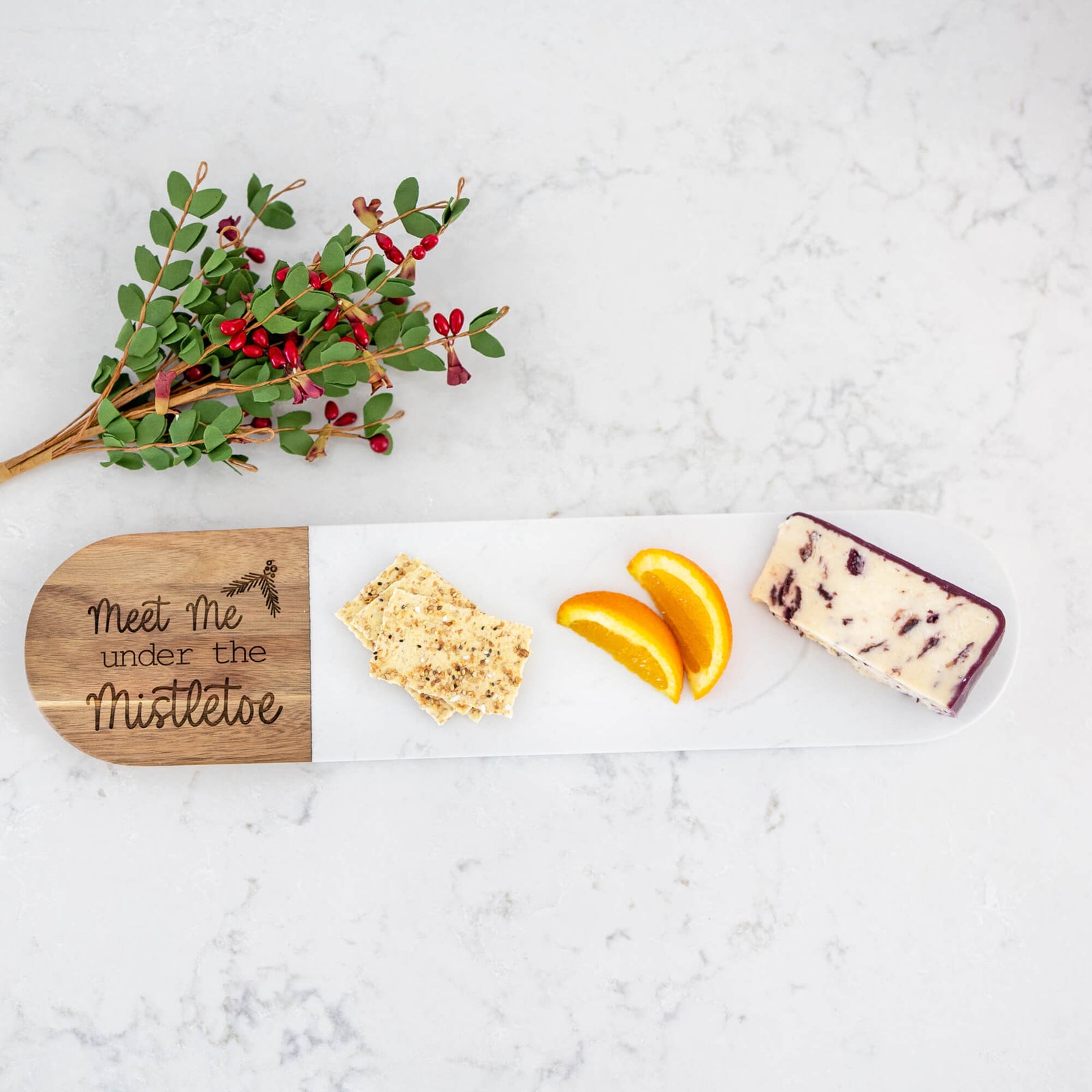 Meet Me Under the Mistletoe - Marble & Acacia Oval Charcuterie Board