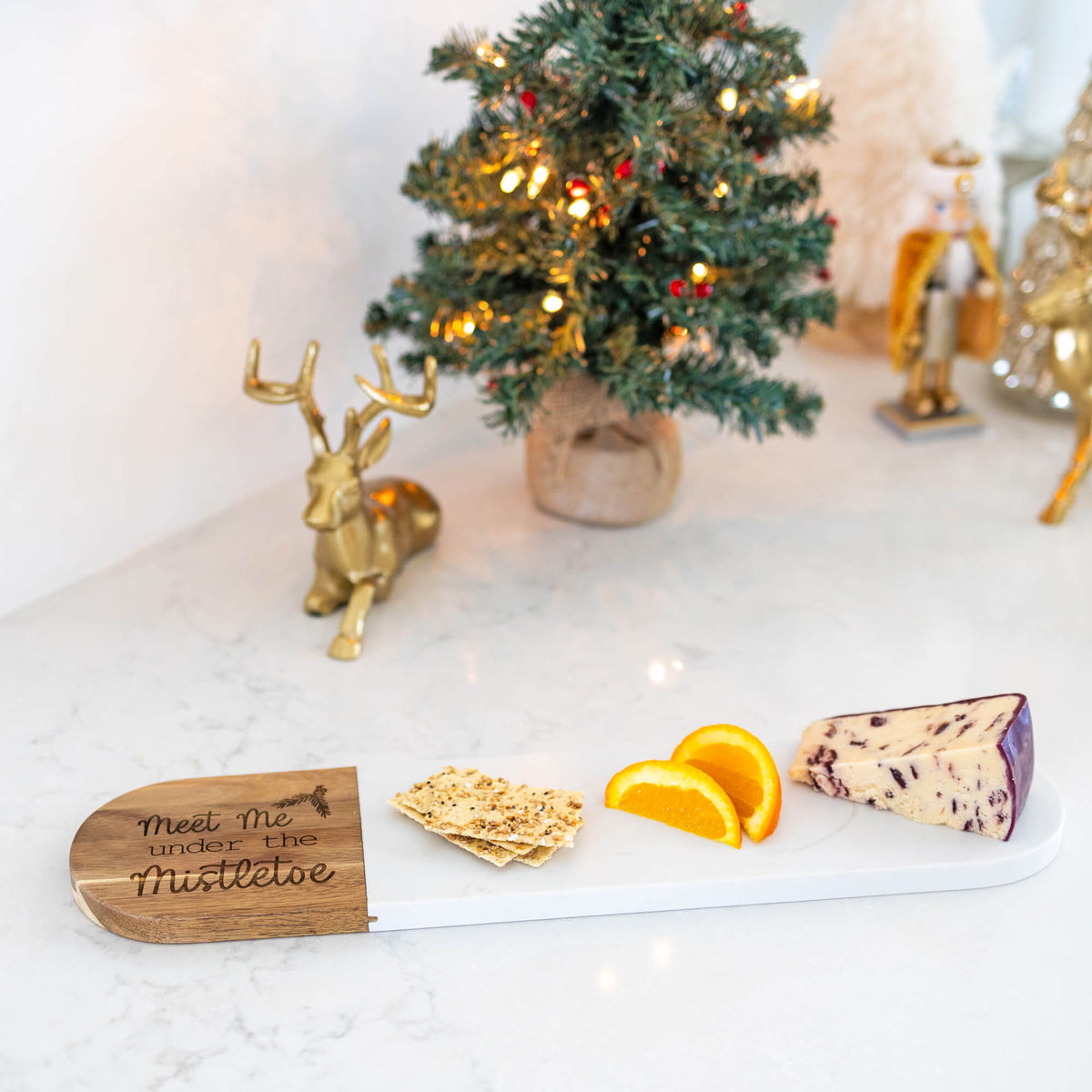 Meet Me Under the Mistletoe - Marble & Acacia Oval Charcuterie Board