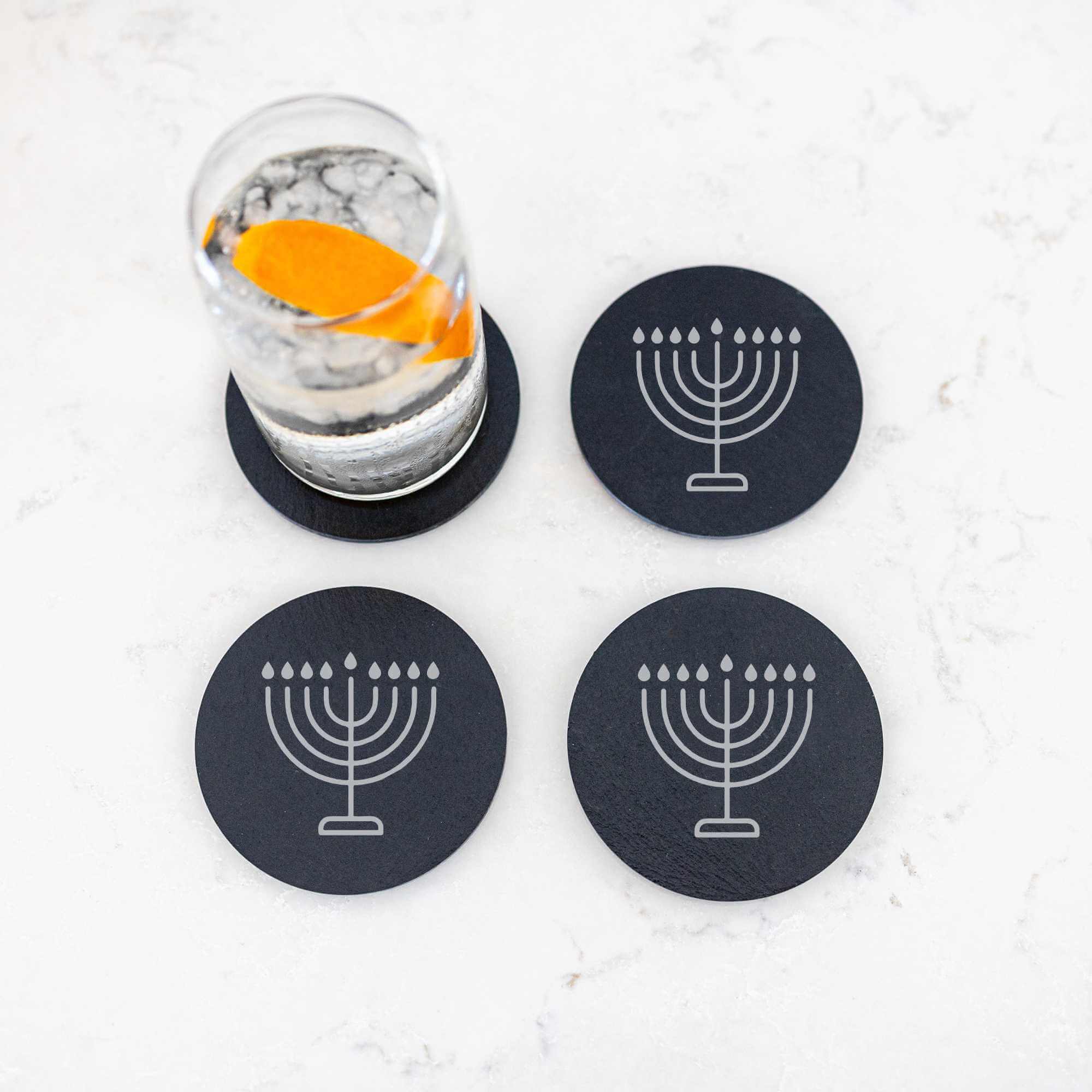 Menorah - Round Slate Coasters - Set of 4