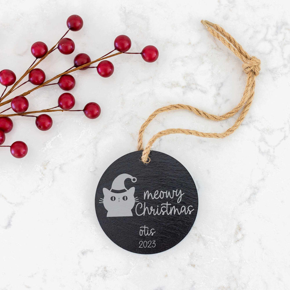 Meowy Christmas - Tree Ornament with Cat&#39;s Name &amp; Year