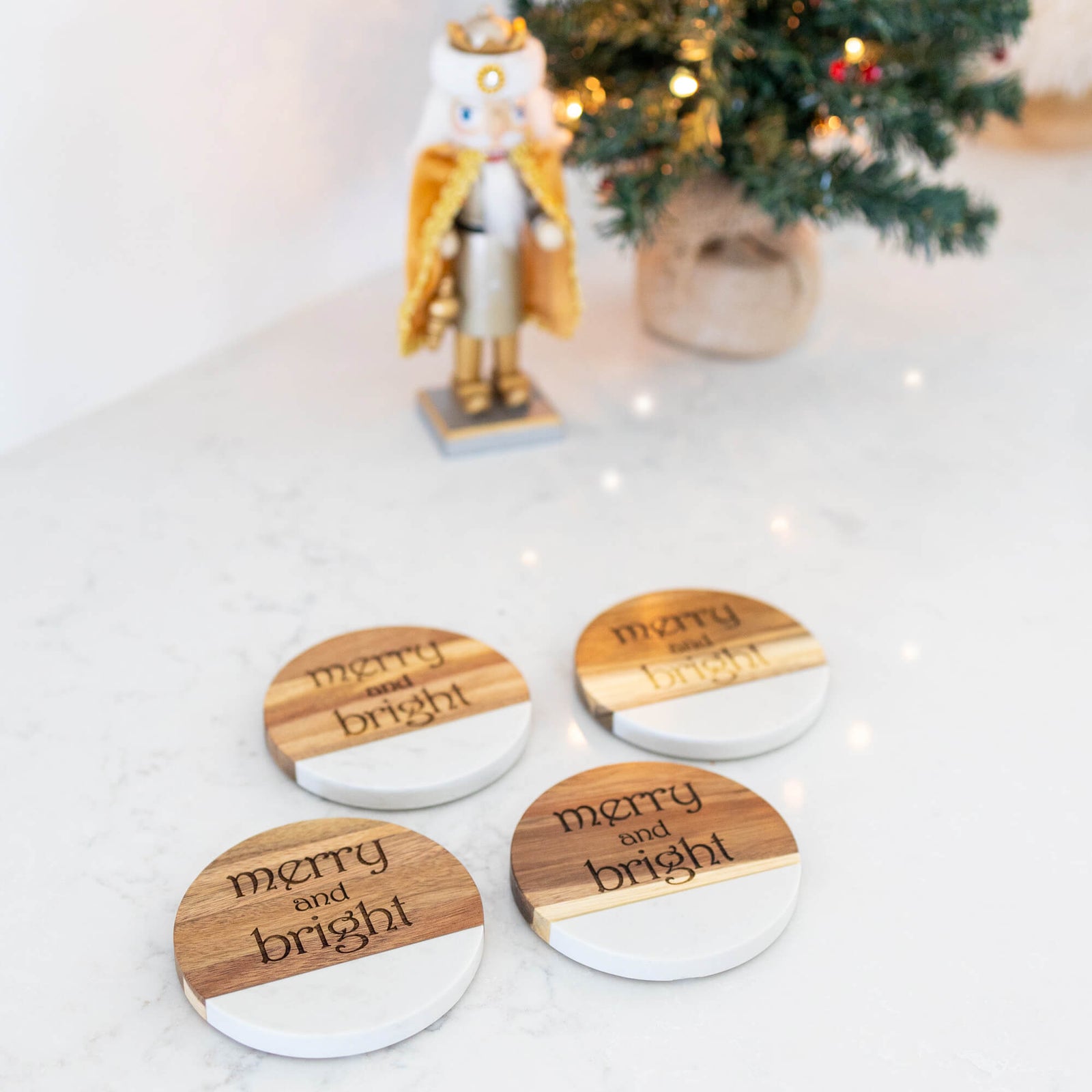 MERRY and BRIGHT - Marble and Acacia Wood Coasters - Set of 4