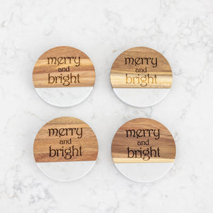 MERRY and BRIGHT - Marble and Acacia Wood Coasters - Set of 4