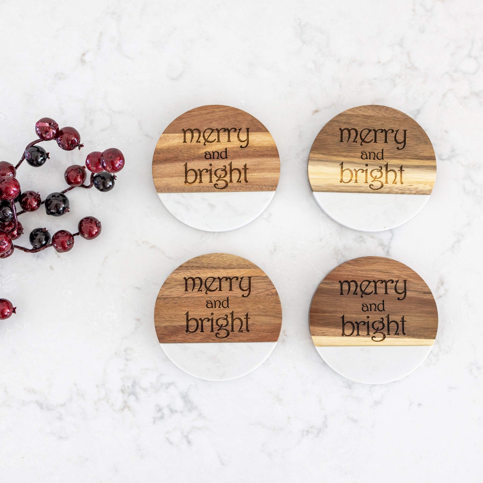 MERRY and BRIGHT - Marble and Acacia Wood Coasters - Set of 4
