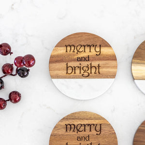 MERRY and BRIGHT - Marble and Acacia Wood Coasters - Set of 4