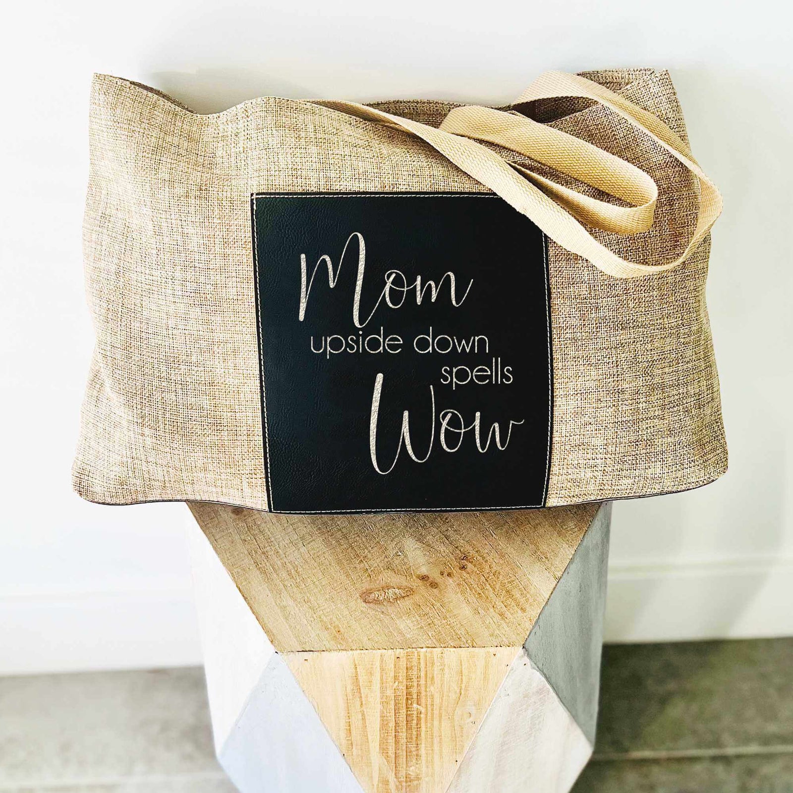 Burlap Tote Bag - Mom Upside Down Spells Wow