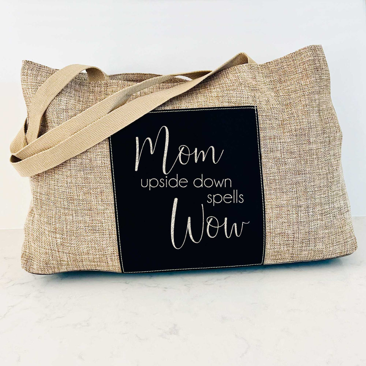 Burlap Tote Bag - Mom Upside Down Spells Wow