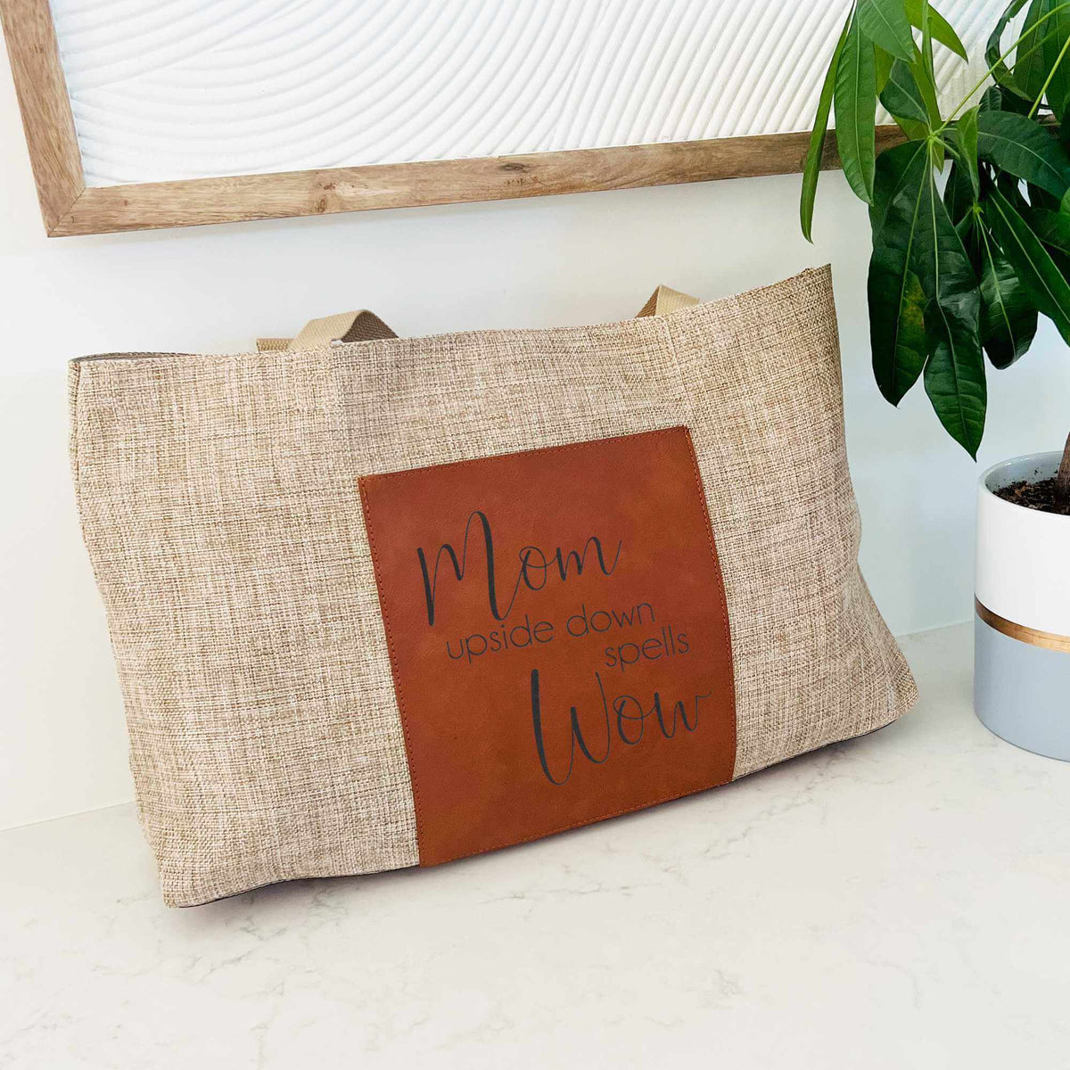 Burlap Tote Bag - Mom Upside Down Spells Wow