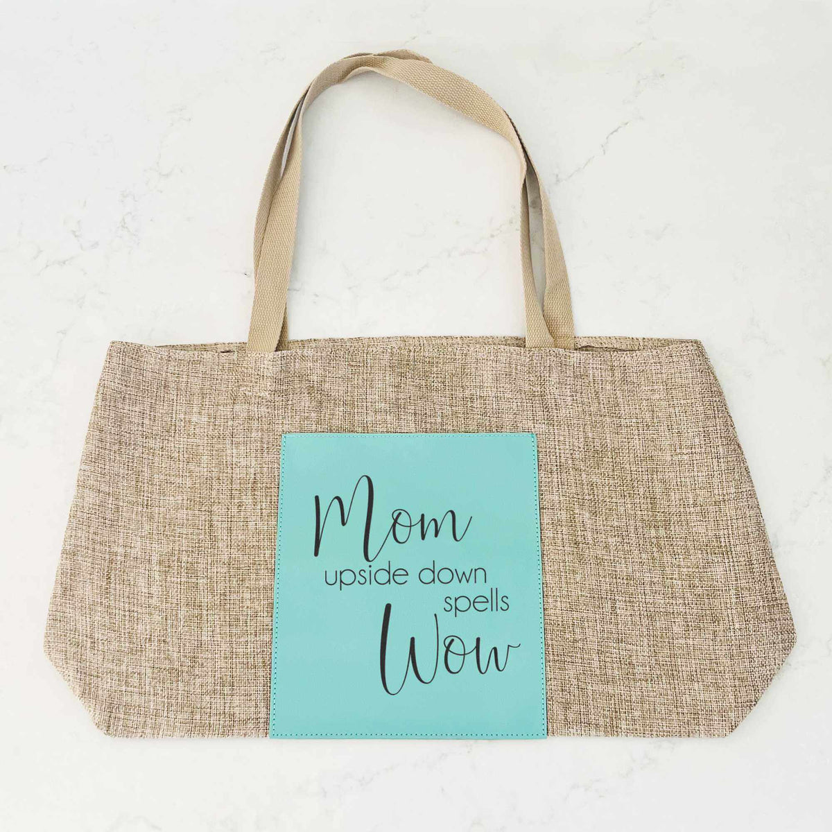 Burlap Tote Bag - Mom Upside Down Spells Wow