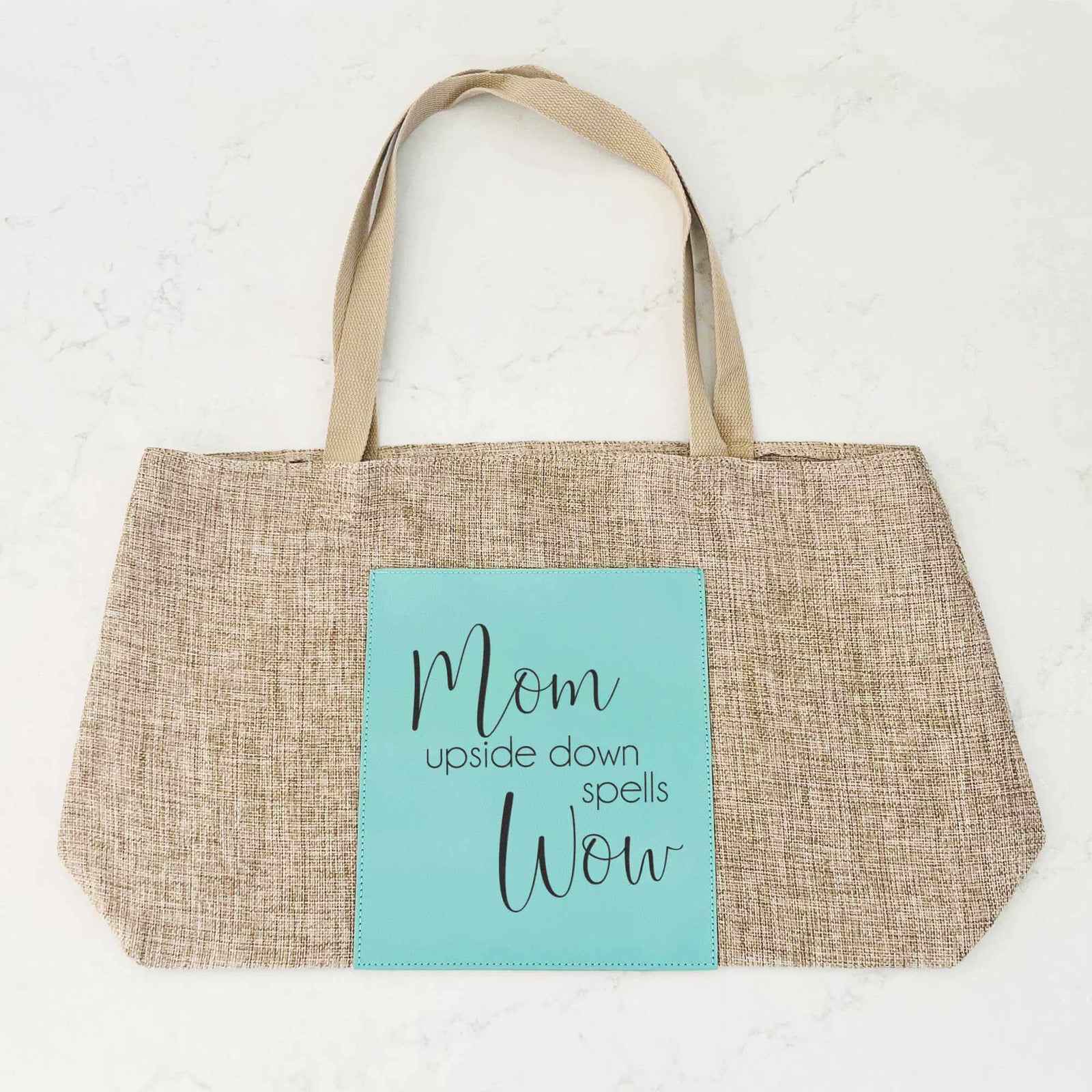 Burlap Tote Bag - Mom Upside Down Spells Wow