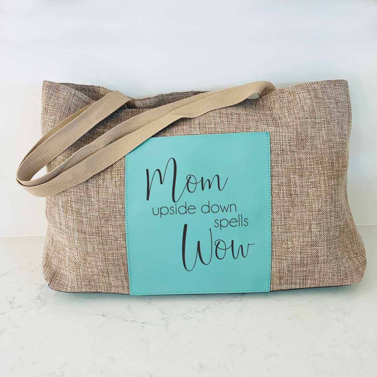 Burlap Tote Bag - Mom Upside Down Spells Wow