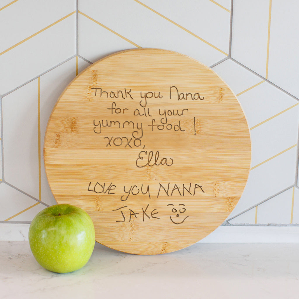 Grandma Gift - Round Charcuterie Board Engraved with Grandchild's Artwork