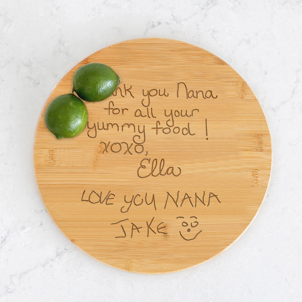 Grandma Gift - Round Charcuterie Board Engraved with Grandchild's Artwork