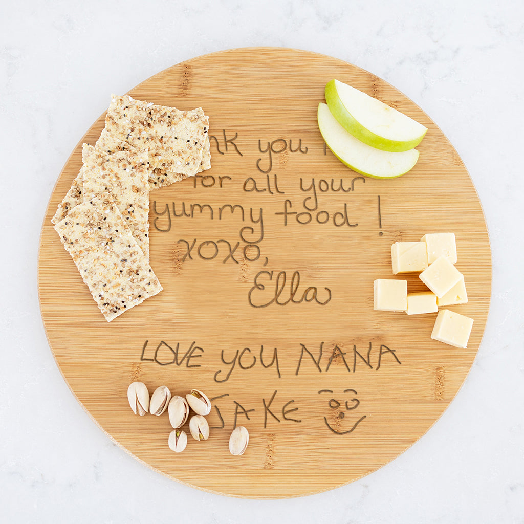 Grandma Gift - Round Charcuterie Board Engraved with Grandchild's Artwork