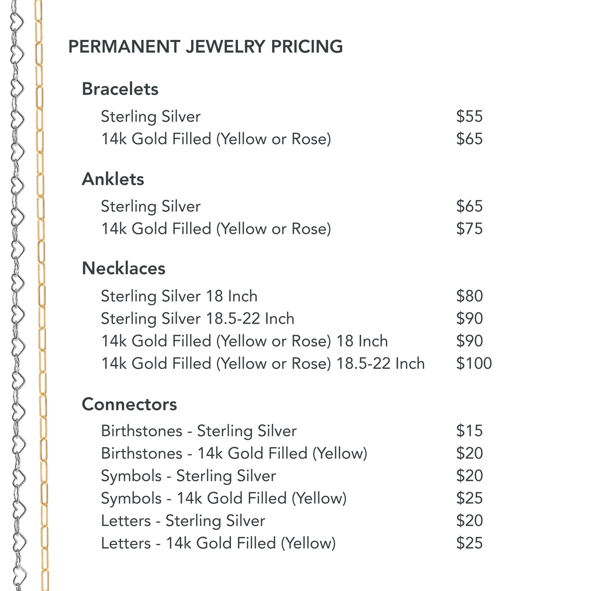 Pricing list for jewelry items including bracelets, anklets, necklaces, and connectors.