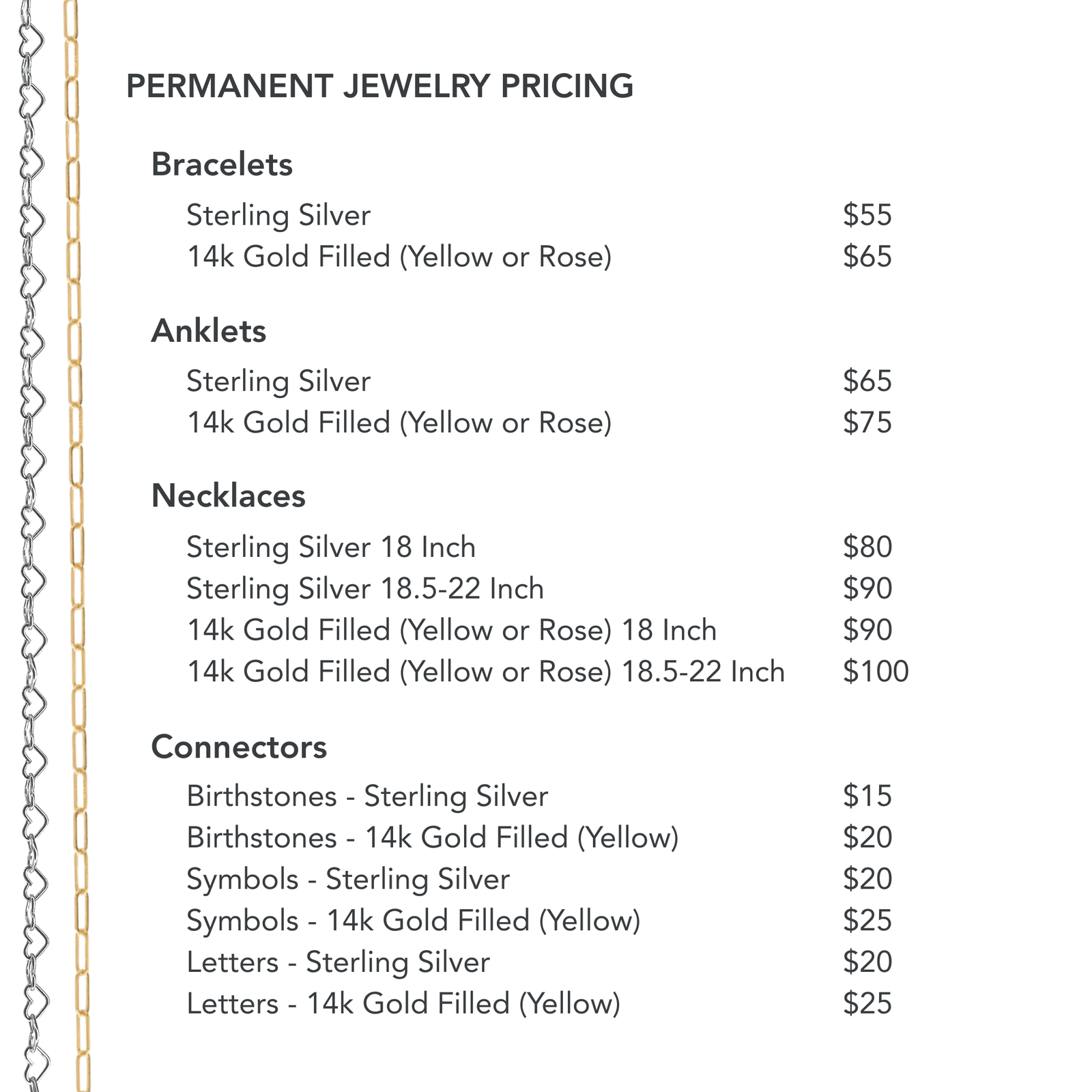 Pricing list for jewelry items including bracelets, anklets, necklaces, and connectors.