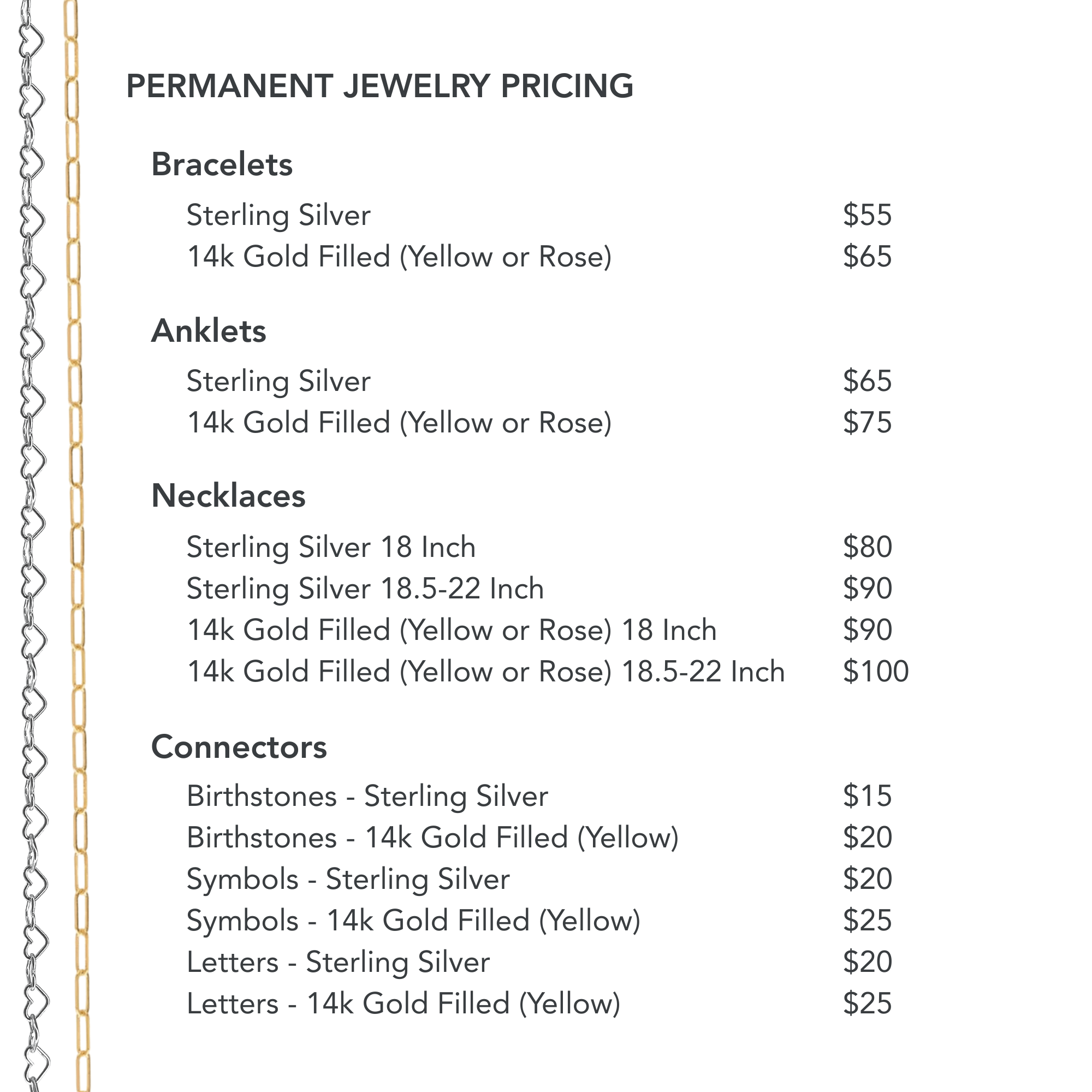 Pricing list for jewelry items including bracelets, anklets, necklaces, and connectors.