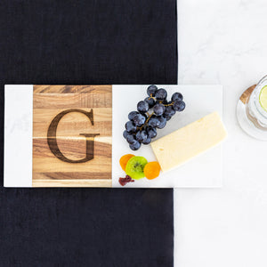 Marble and Acacia Charcuterie Board with Initial - 7 x 15 inches