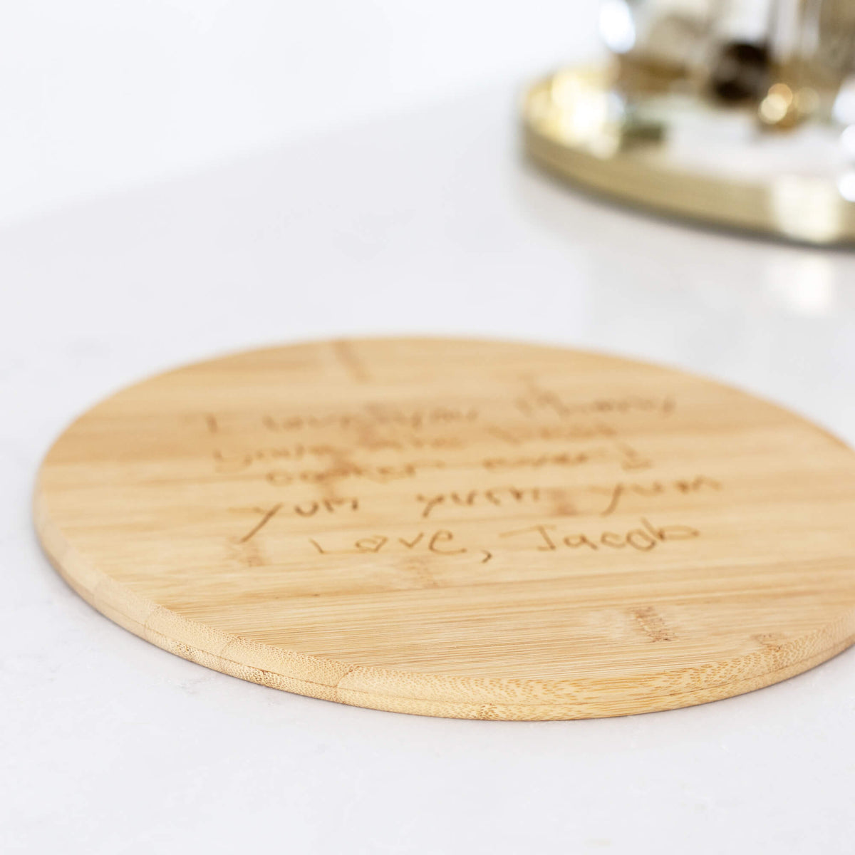Round Bamboo Charcuterie Board Engraved with Handwriting - 11.75 inch