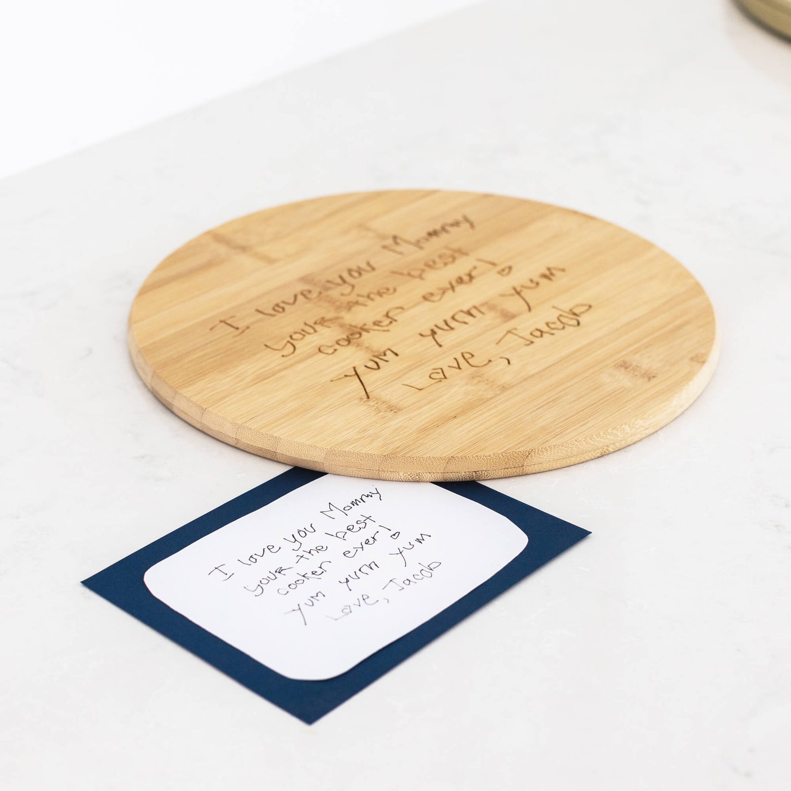 Round Bamboo Charcuterie Board Engraved with Handwriting - 11.75 inch