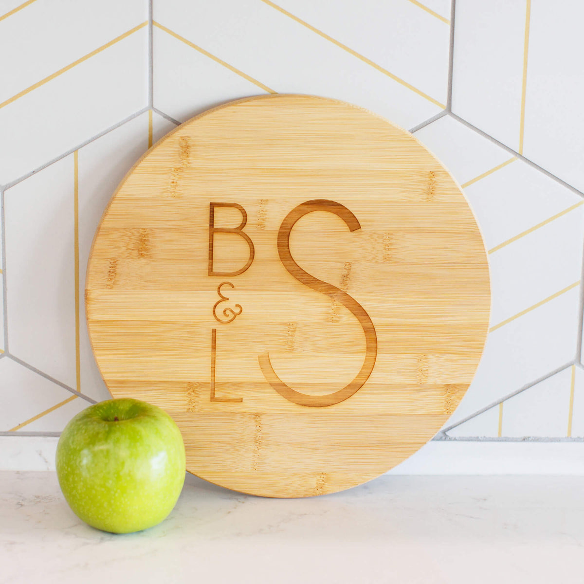 Round Bamboo Serving Board with Couple's Initials